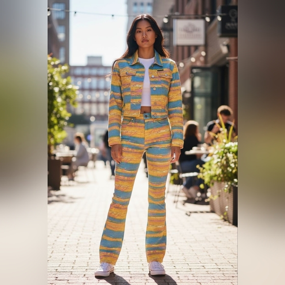 Karl Kani Jackets & Blazers - Karl Kani Vintage 90s NWT Turquoise Yellow Flare Denim Jeans Jacket Set 26 Small